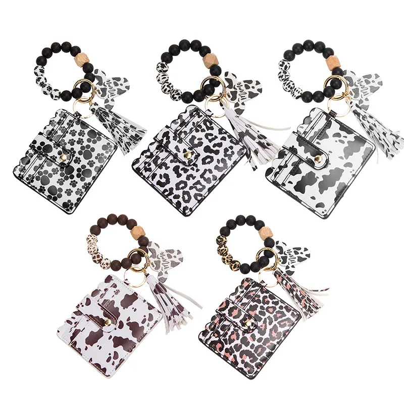 PU Leather Card Holder Beaded Keychain Bracelet With Silicone Beads Wooden Bead Tassel Wristlet Fashion Accessory For Women