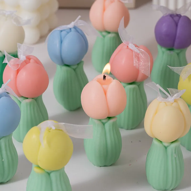 Vela Aromática Tulipán Forma Flor Cera Soja Decoración Hogar Lazo Estético Recuerdo Boda Souvenir Ornamento Estético