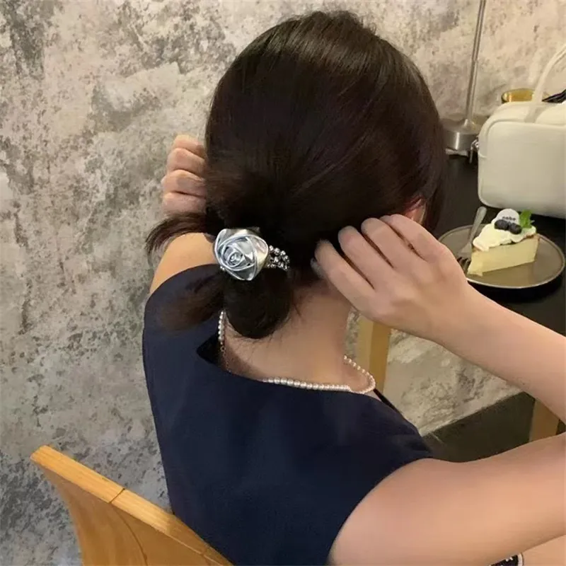 Rose Leather Flower Hair Tie Double Layer Silver Beads Elastic Ponytail Holder Hair Rope For Women Elegant