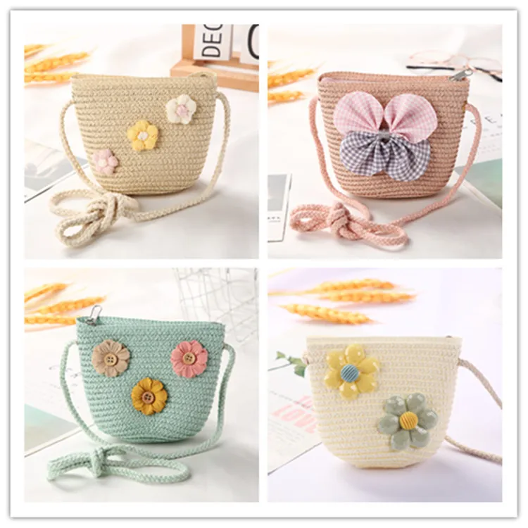 Kids Straw Woven Crossbody Bag Mini Cute Summer Beach Shoulder Pouch With Cartoon Flower Rabbit Decor For Toddler Girls