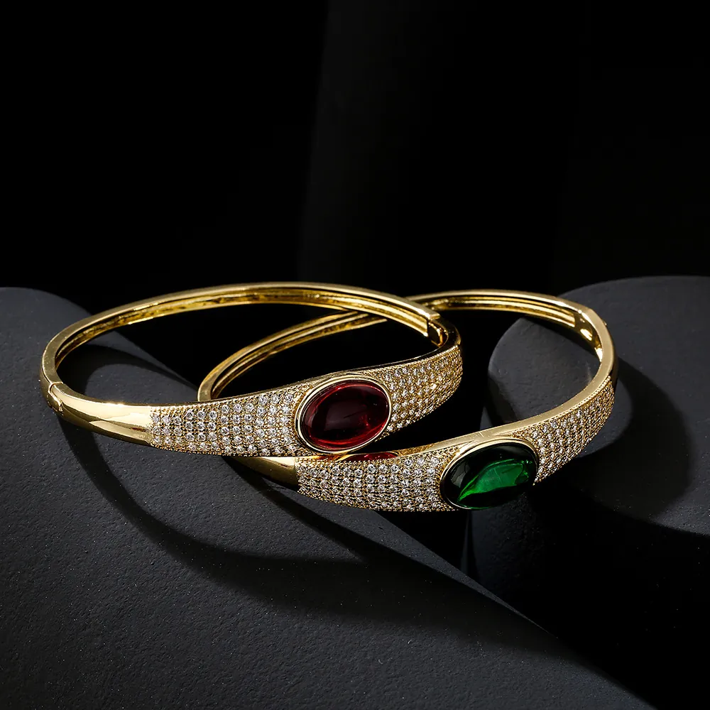 Retro Cuff Bracelet Copper Gold Plated Micro Pave Zircon Oval Red Green Synthetic Gemstone Jewelry For Women Lightweight