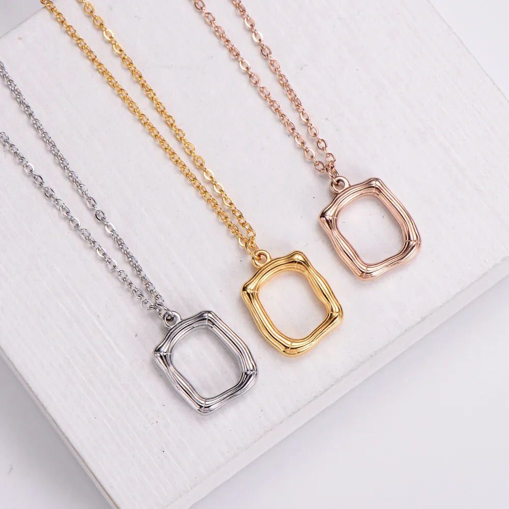 Bamboo Style Hollow Rectangular Pendant Necklace Stainless Steel Elegant Minimalist Daily Jewelry For Women