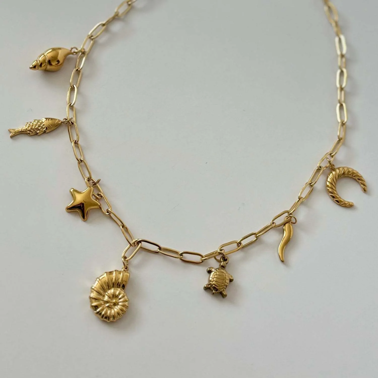 Stainless Steel Necklace 18K Gold Plated Ocean Sea Theme Conch Turtle Charms Paperclip Chain Summer Beach Jewelry
