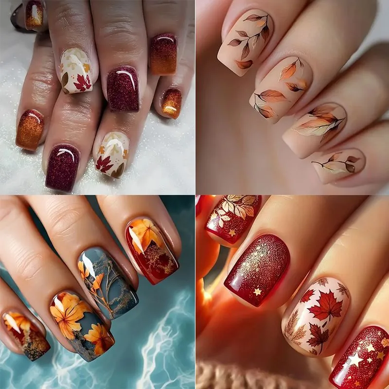 Autumn Maple Leaf Press On Nails Square False Nails Glossy Matte ABS Manicure Art For Women
