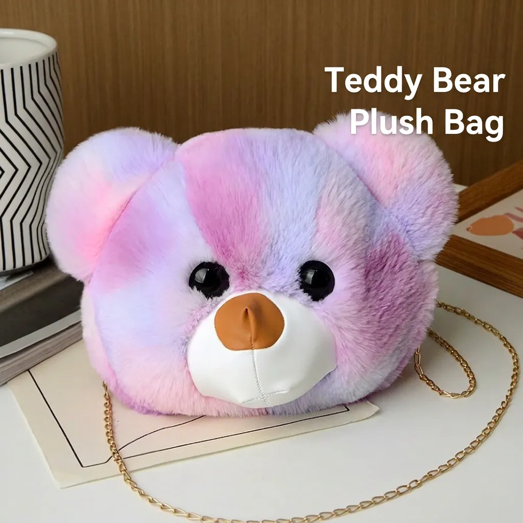 Cartoon Bear Head Crossbody Bag Plush Faux Fur Macaron Tie Dye Gradient Metal Chain Shoulder Purse For Women Girls