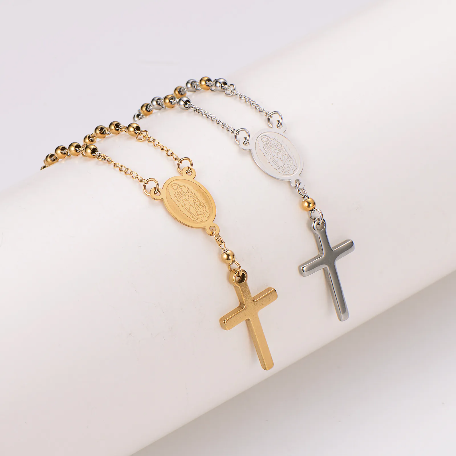 Bracciale Religioso In Acciaio Inossidabile Con Ciondolo A Croce E Medaglia Ovale Della Vergine Maria Perline Tonde Gioielli