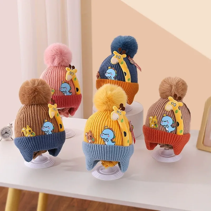 Cute Cartoon Animal Kids Knit Beanie Hat For Toddler Boys Girls Winter Warm Ear Flap Hat With Pompom Acrylic Crochet Cap