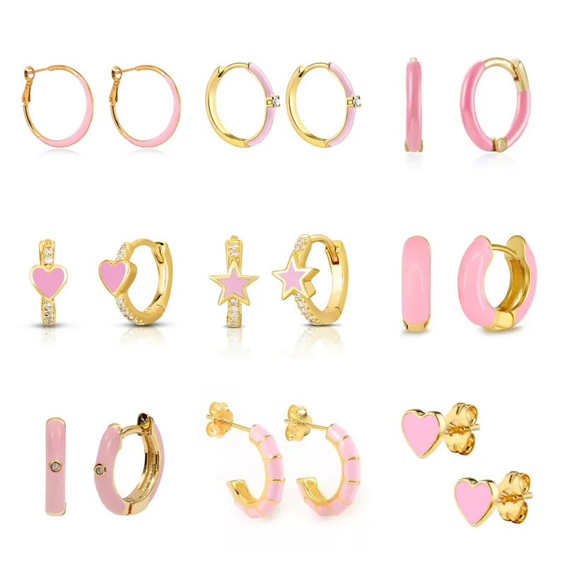 Pink Emaille Creolen Stecker Ohrringe Mit 925 Sterling Silber Ohrstecker Kupfer Vergoldet Zirkon Schicker Schmuck Für Damen Mädchen