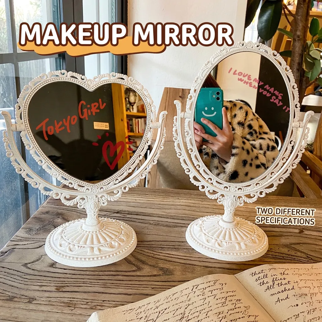 Vintage European Embossed Desktop Makeup Mirror Rotating Heart Oval Shape Plastic Frame Bedroom Vanity Dorm