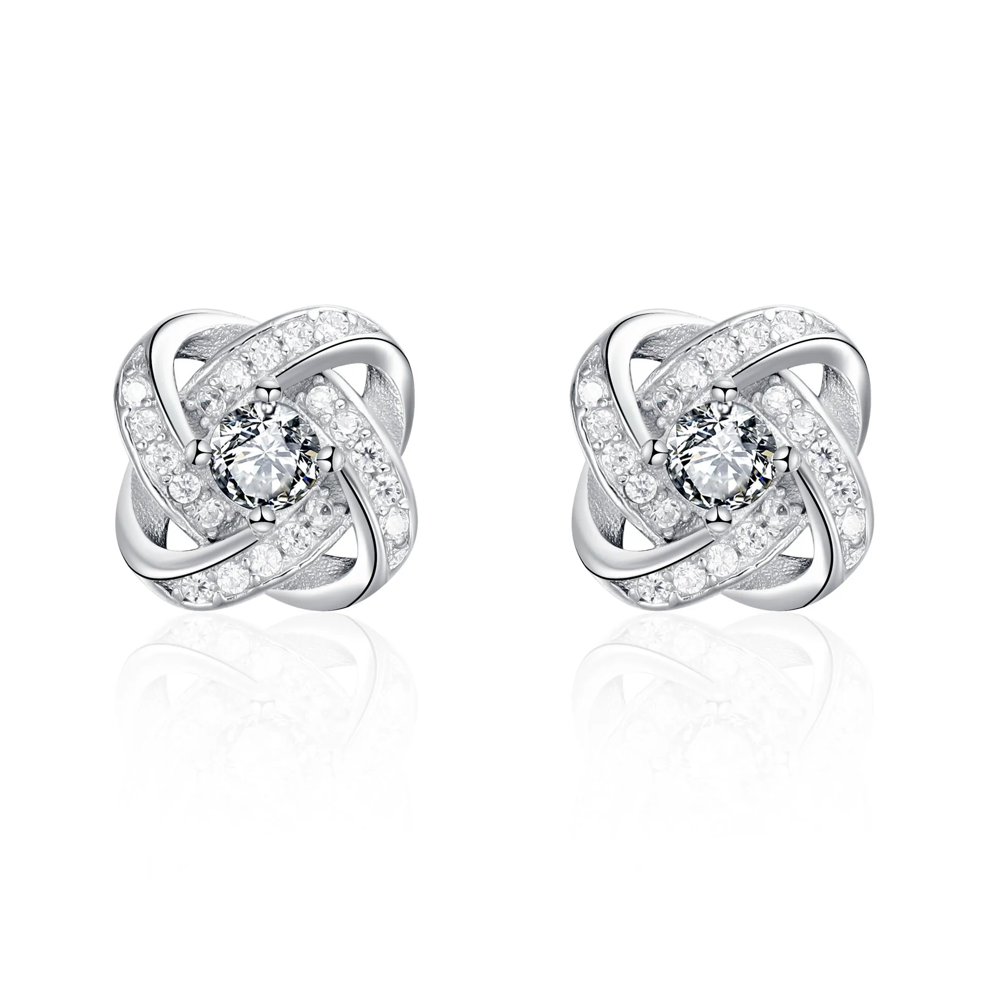 Orecchini a Bottone Quadrifoglio in Argento Sterling 925 per Donna Eleganti con Strass Incastonati Design Floreale Rotante