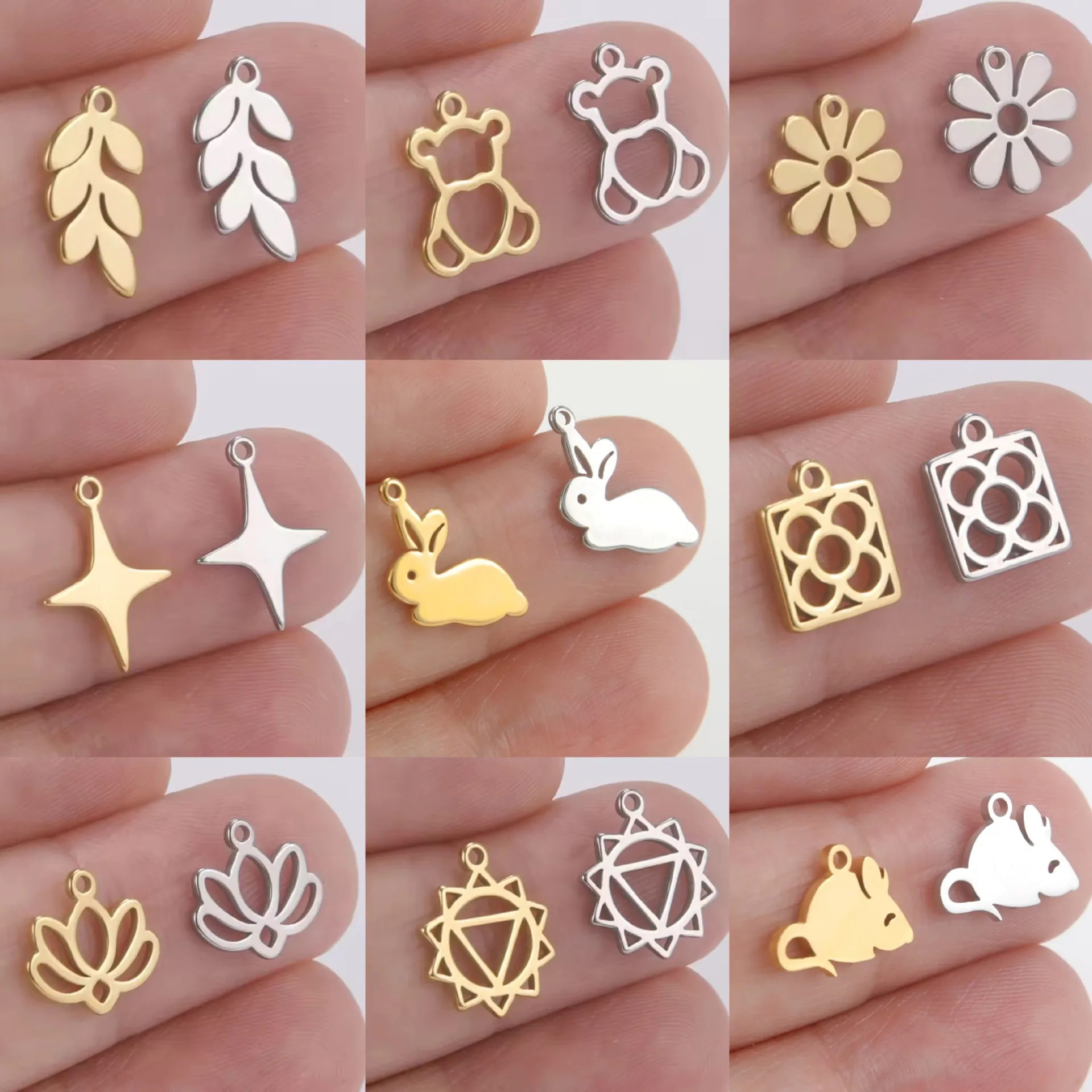 Stainless Steel Mini Pendants Charms For DIY Jewelry Making Hollow Bear Leaf Star Flower Design Small Pendants