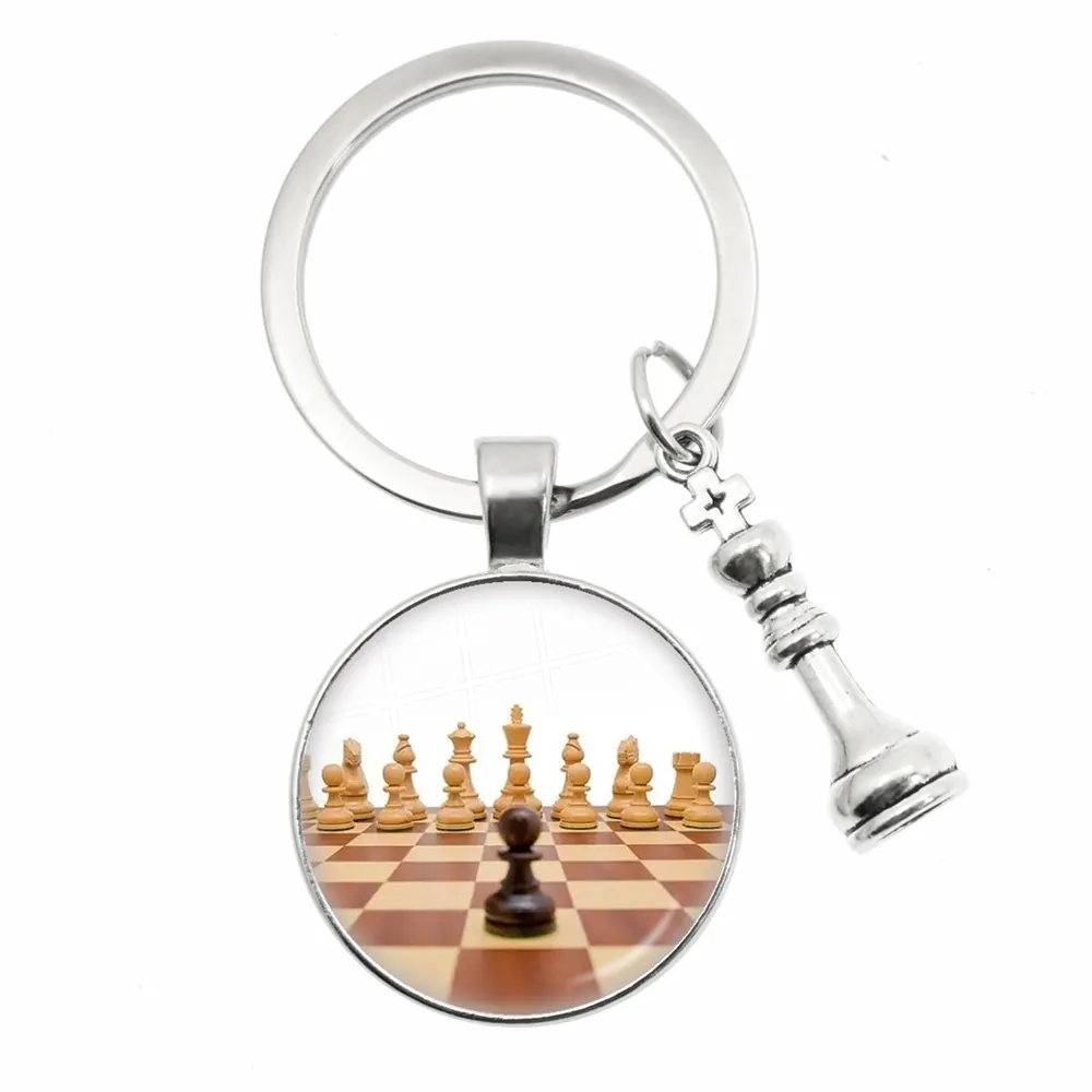 Chess Keychain With King Queen Knight Pendant Zinc Alloy Glass Chessboard Accessory For Chess Lovers