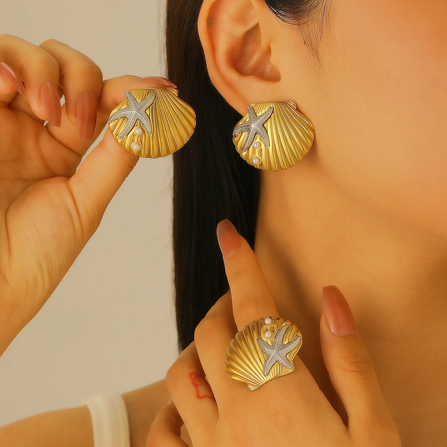 Stainless Steel Shell Starfish Artificial Pearl Jewelry Earrings And Rings For Women Bohemian Ocean Style Gold Silver Tone