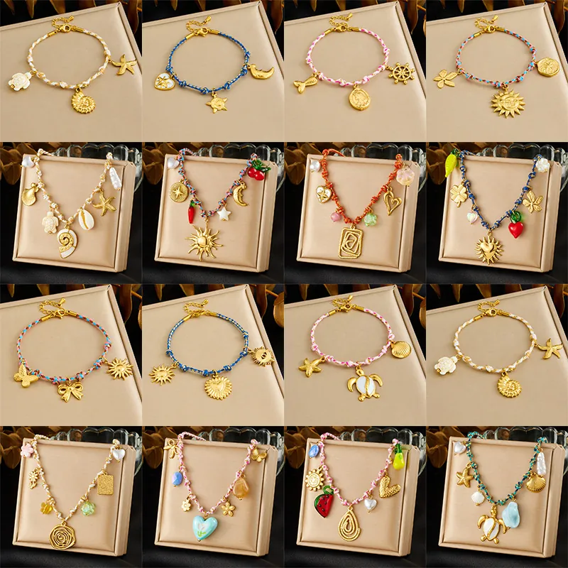Collier Bracelet En Corde Tissée À La Main Bohème Acier Inoxydable Pendentifs Tortue De Mer Étoile De Mer Coquillage Femmes