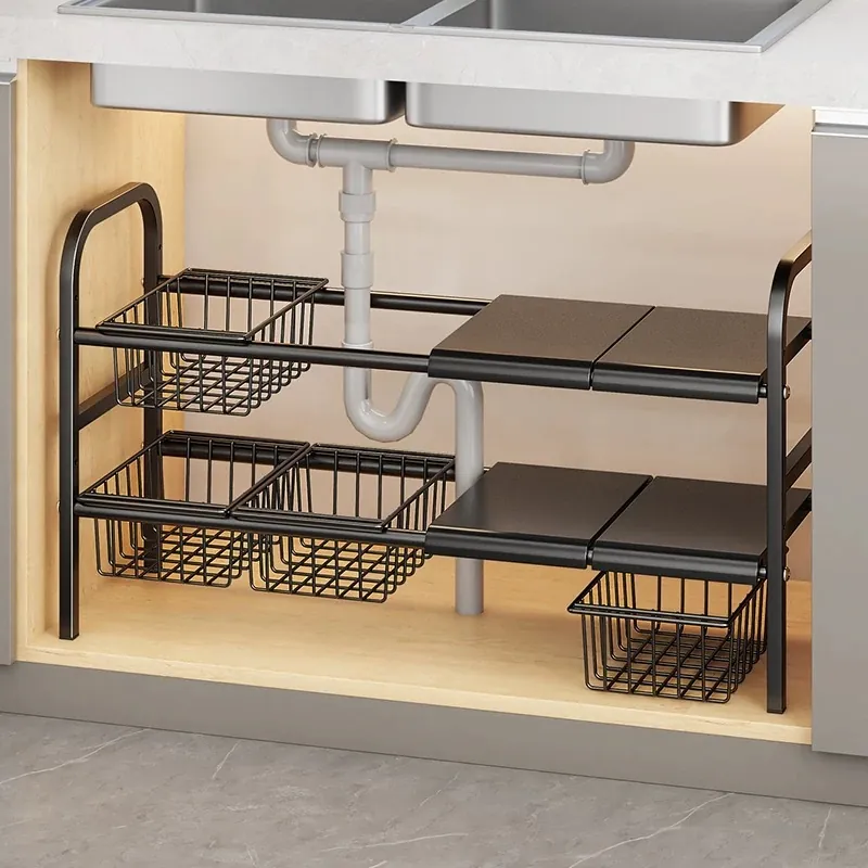 Expandable Under Sink Organizer Carbon Steel Adjustable Multi Layer Storage Rack Kitchen Cabinet Shelf Removable Basket