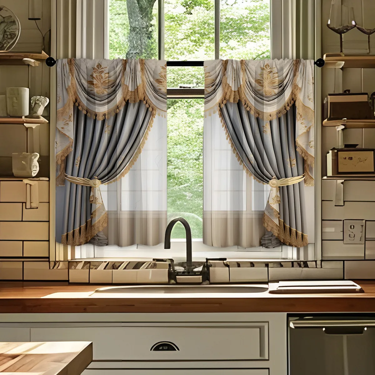 Kitchen Curtains Valance Polyester Waterproof Oil-proof Decorative Tassels European Luxury Christmas Style Window
