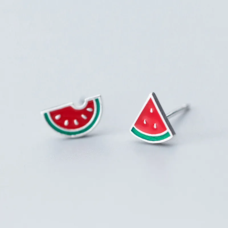 S925 Sterling Silver Watermelon Stud Earrings Cute Asymmetric Fruit Summer Jewelry Lacquered Red Green Earrings For Women