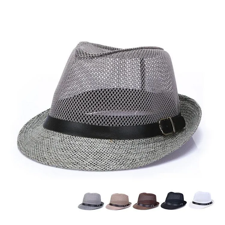 Breathable Mesh Paper Straw Fedora Hat Summer Sun Protection Jazz Style Unisex With Leather Band Buckle