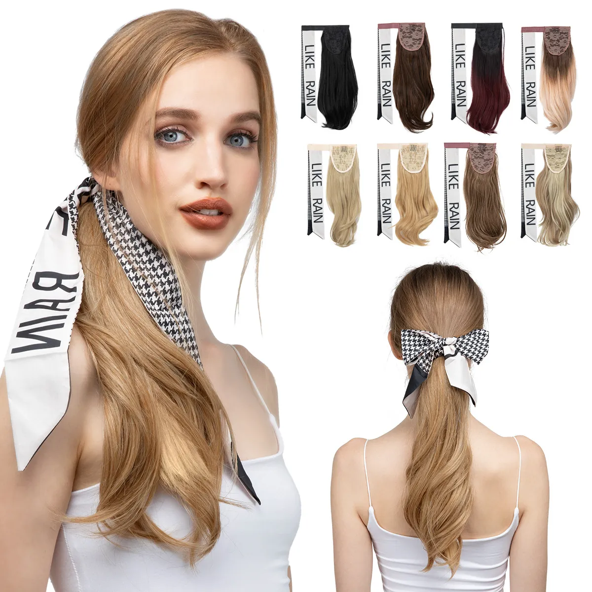Long Curly Wave Ponytail Extension High Temperature Satin With Houndstooth Scarf Wrap Around Magic Tape For Women