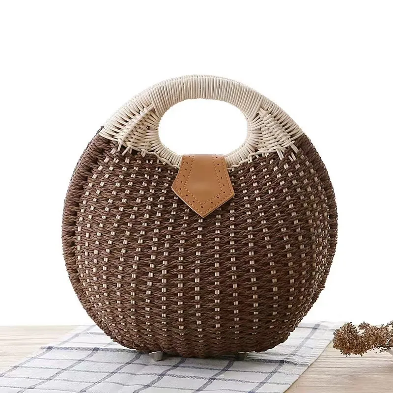 Round Straw Woven Handbag Summer Beach Vacation Style With Leather Buckle Vintage Bohemian Casual For Women
