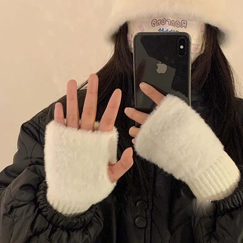 Women's Winter Warm Plush Half Finger Gloves Acrylic Knit Fingerless Mittens Ribbed Cuff Daily Writing Office Hand Warmers