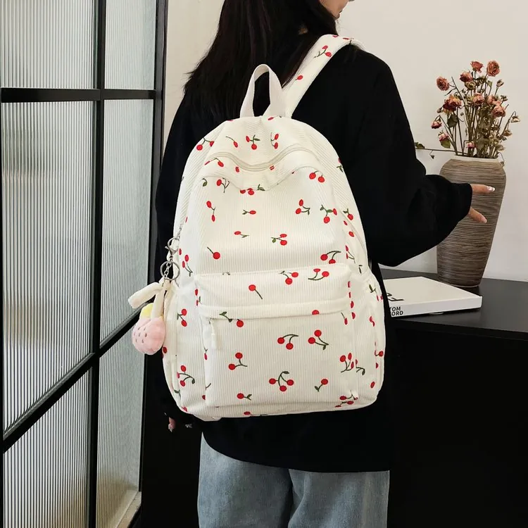 Backpack Corduroy Cherry Print School Bag Fresh Sweet Style Large Capacity For Students With Plush Pendant