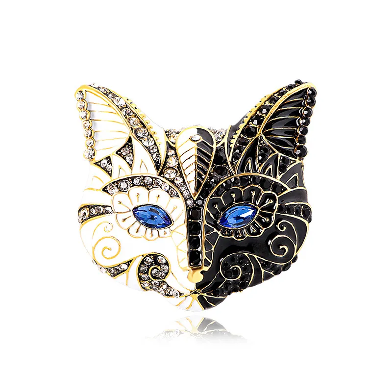 Vintage Cat Head Brooch Alloy Enamel Animal Pin For Women Colorful Rhinestone Crystal Eye Fashion Clothing Accessory