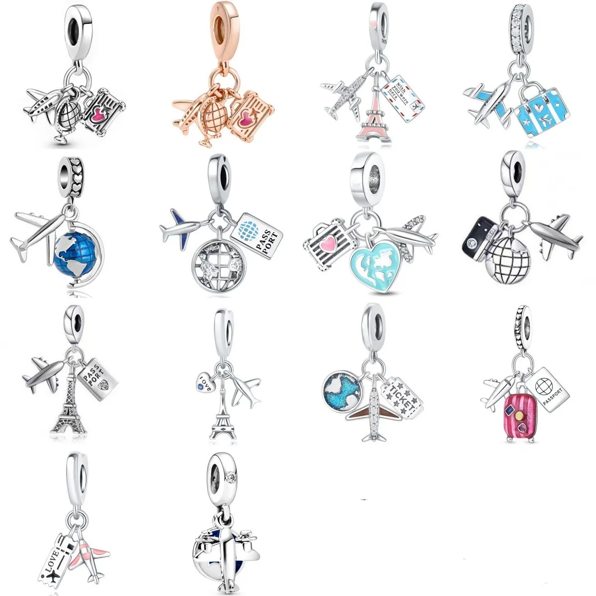Travel Theme Alloy Rhinestone Charms For DIY Bracelet Airplane Globe Passport Camera Eiffel Tower Pendant Jewelry Accessory Women