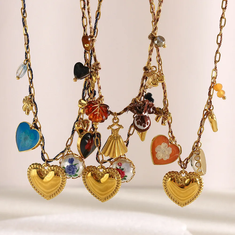 Collier Pendentif Coeur Fleur Acier Inoxydable Plaqué Or 18K Corde Coton Chaîne Trombone Bijoux Mode Pour Femmes