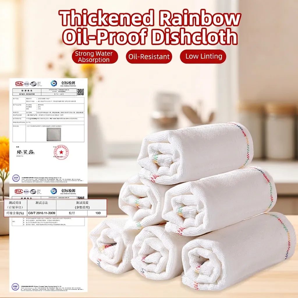 Kitchen Cleaning Cloth Multi Layer Thickened Cotton Gauze Oil Repellent Absorbent Dishcloth Rainbow Edge Fruit Pattern