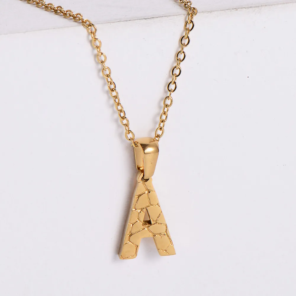 Initial Letter Pendant Necklace Stainless Steel 18K Gold Plated Textured Stone Pattern Minimalist Jewelry For Women