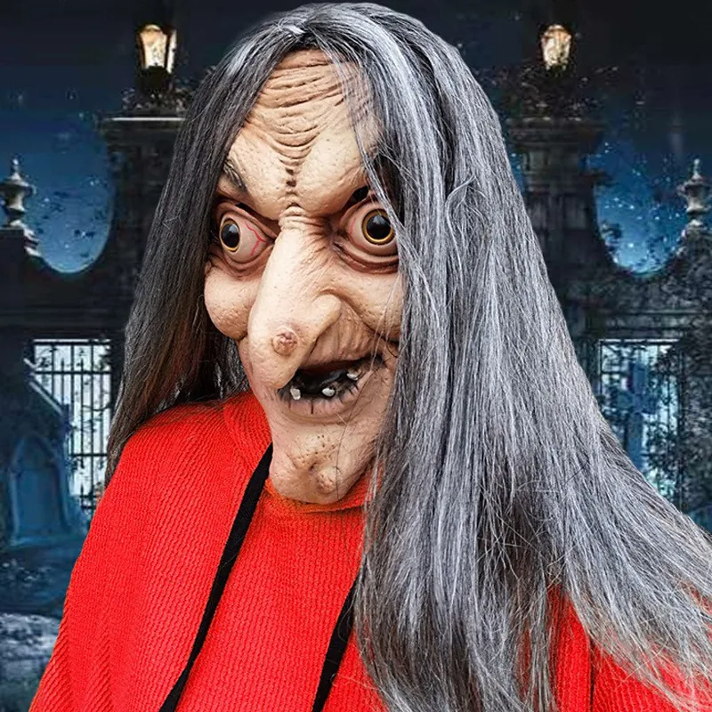 Horror Witch Mask With Gray Hair Latex Scary Old Woman Headgear For Halloween Cosplay Party Haunted House Spooky Props