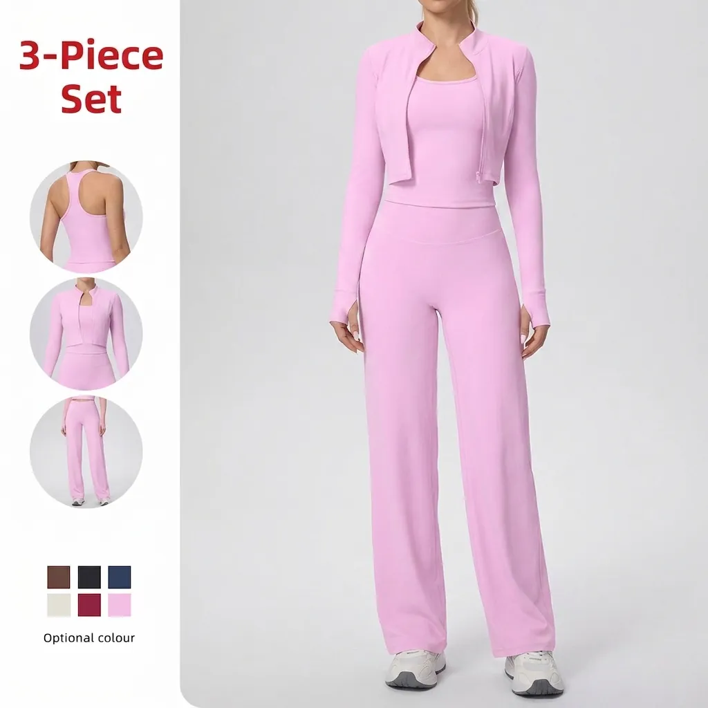 Vêtements De Sport Yoga Femme Pantalon Large Taille Haute Débardeur Et Veste À Fermeture Éclair Activewear Minceur