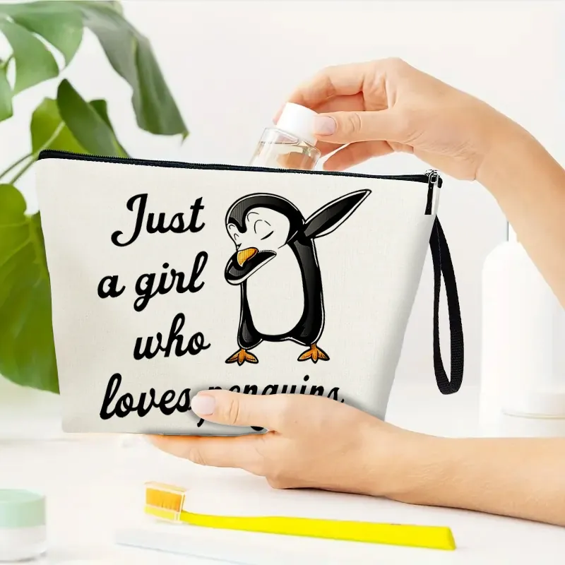 Penguin Print Cosmetic Bag Fine Linen Makeup Pouch Travel Toiletry Zipper Organizer For Women Girl Slogan Design Gift