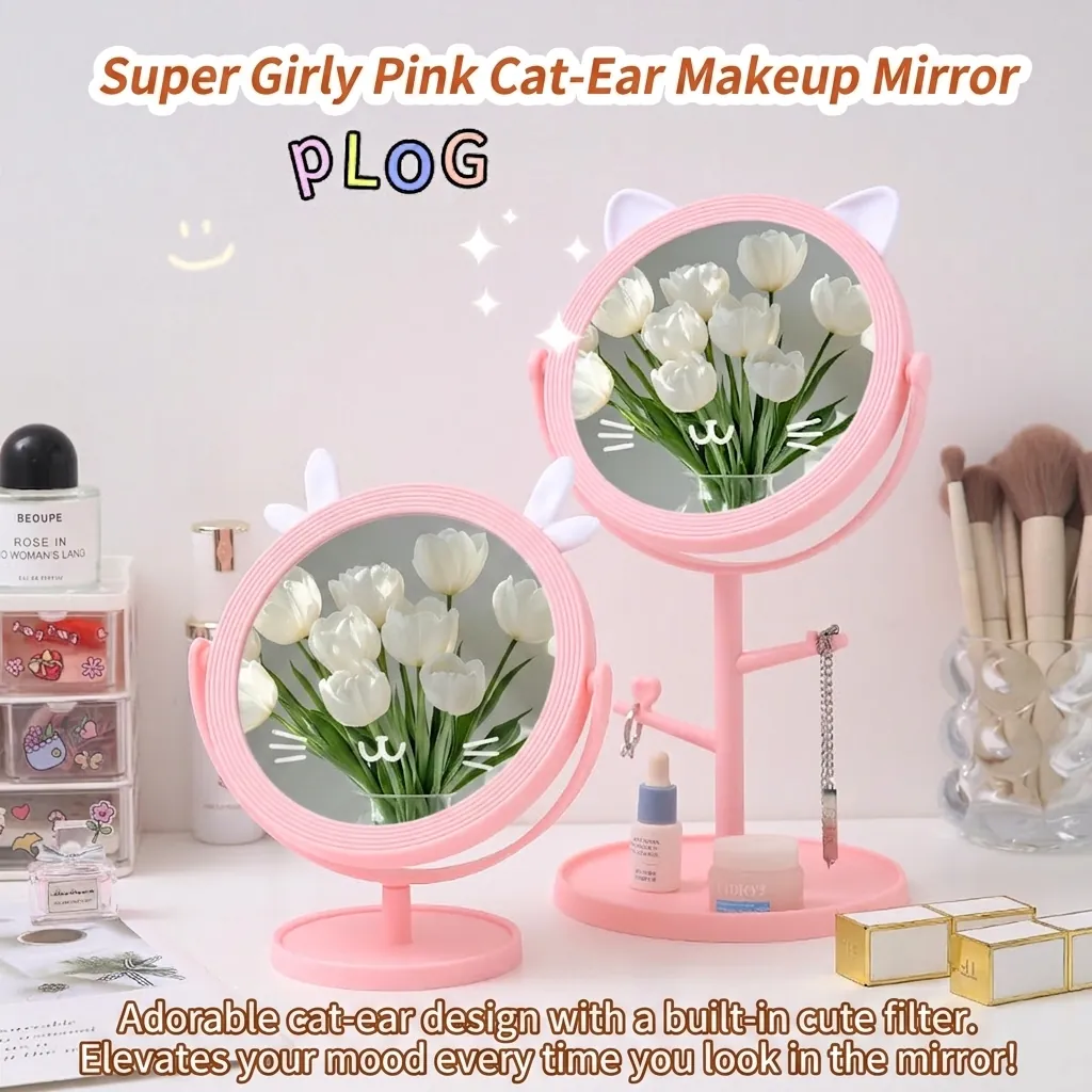 Desktop Makeup Mirror Cute Cartoon Ear Rotatable Single Sided Vanity Mirror With Jewelry Storage Tray Base