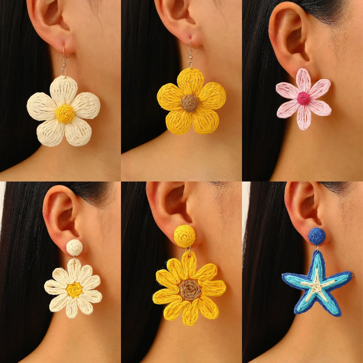 Handmade Woven Raffia Flower Starfish Earrings Bohemian Beach Vacation Style Jewelry For Women Colorful Accessory