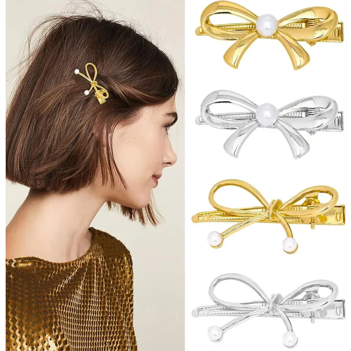 Elegant Bowknot Hair Clip For Women Metal Faux Artificial Pearl Velvet Bow Hair Barrette Mini Sweet Bangs Side Hairpin Accessories