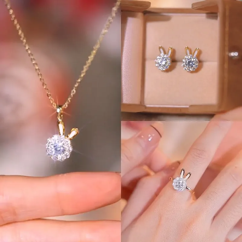 Collana Anello Orecchini Coniglio Rotante Lega Rame Con Perno Argento Sterling 925 Zirconia Scintillante Animale