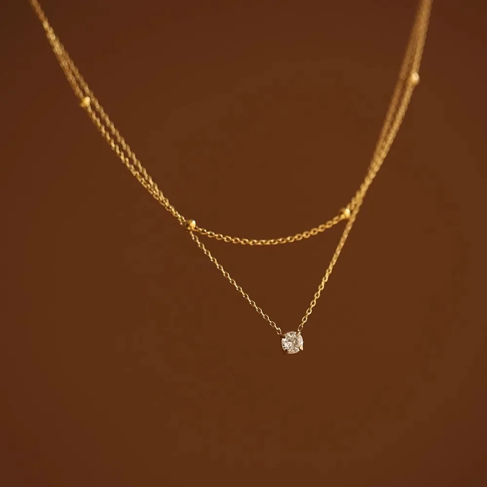 Layered Necklace For Women Gold Plated Copper With Single Round Zircon Pendant And Gold Beads Trendy Clavicle Chain