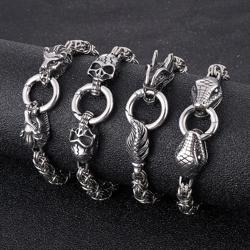 Bracelet Homme Punk Rétro Acier Titane Chaîne Byzantine Lion Dragon Crâne Tête De Serpent Bijoux Gothiques