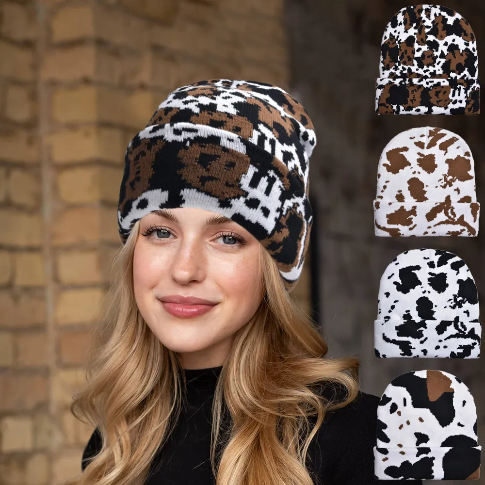 Knitted Beanie Hat Cotton Warm Windproof Cow Print Leopard Pattern Casual Outdoor Streetwear For Men Women