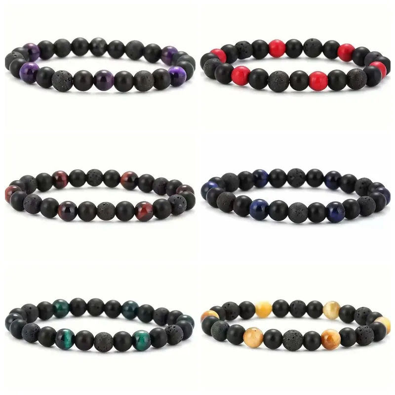 Perlenarmband Natur Tigerauge Lavastein Hämatit Heilenergie Elastisch Yoga Für Herren Damen
