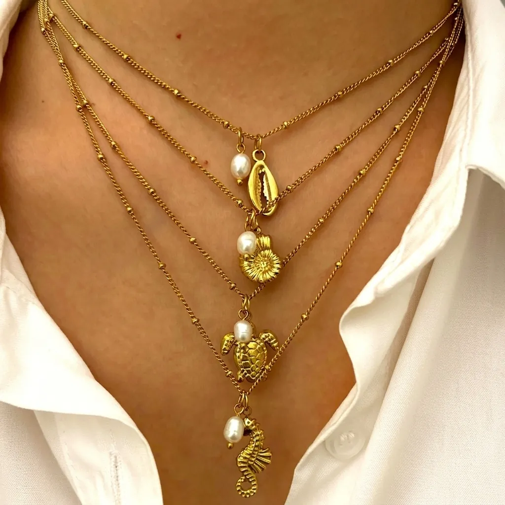 Ocean Theme Stainless Steel Freshwater Pearl Pendant Necklace Gold Sea Turtle Conch Seahorse Shell Jewelry For Women