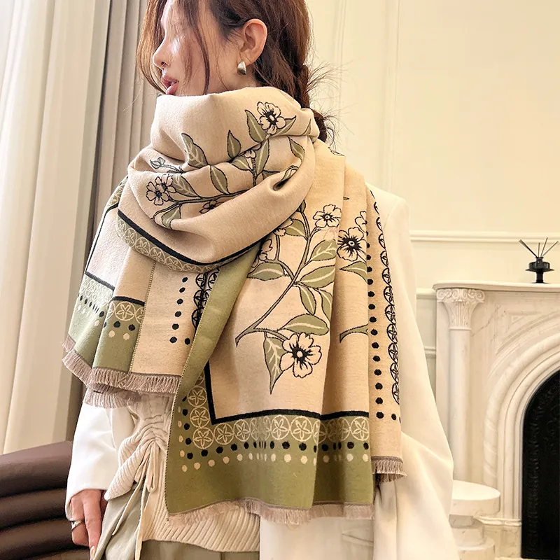 Floral Print Imitation Cashmere Scarf Shawl Large Warm Retro Jacquard Wrap With Tassel For Women Winter Elegant