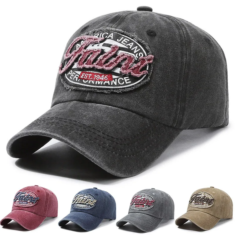 Vintage Washed Cotton Baseball Cap Retro Distressed Letter Embroidery Soft Top Adjustable Sun Hat For Men Women