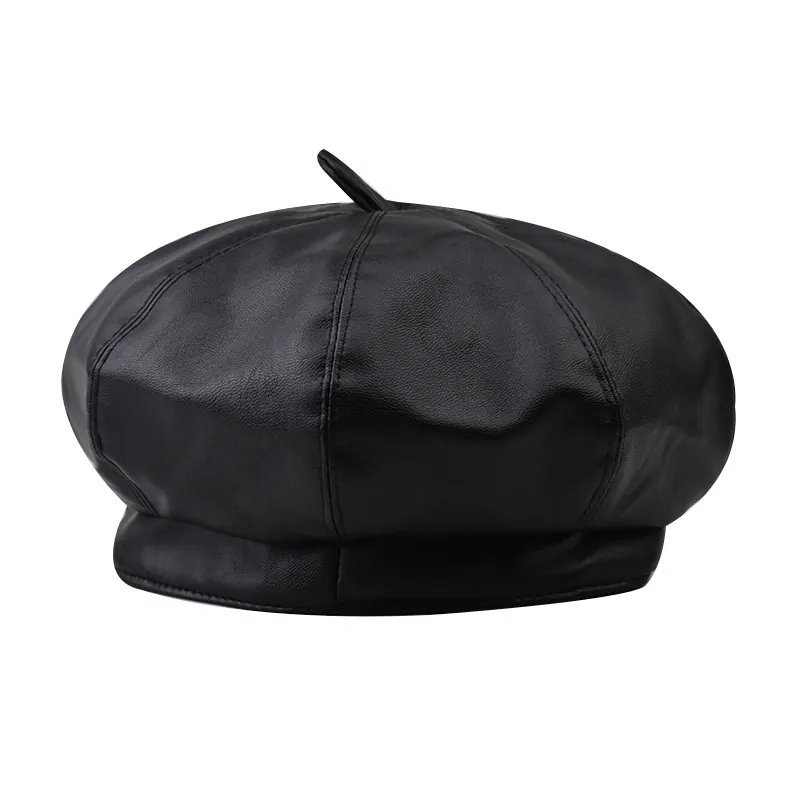 Beret Hat Women PU Leather Warm Autumn Winter Retro Fashion Solid Color Japanese Painter Style Accessory