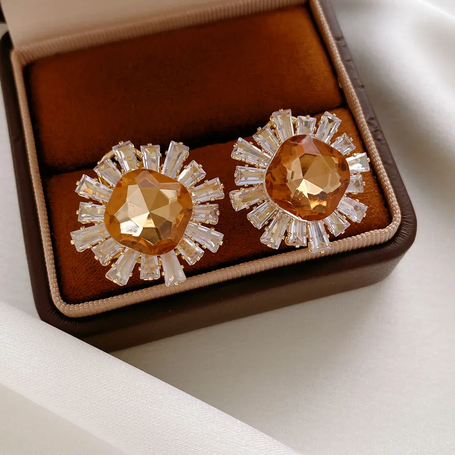 Boucles D'Oreilles Tournesol Vintage Avec Zircon Cuivre Plaqué Or Bijoux Rétro Tige En Argent Pour Femmes