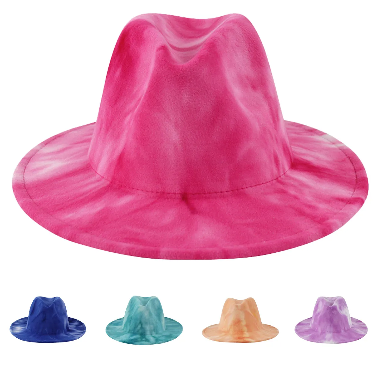 Wide Brim Fedora Hat Tie Dye Gradient Colorful Felt Fashion Jazz Cap For Men Women British Style Elegant