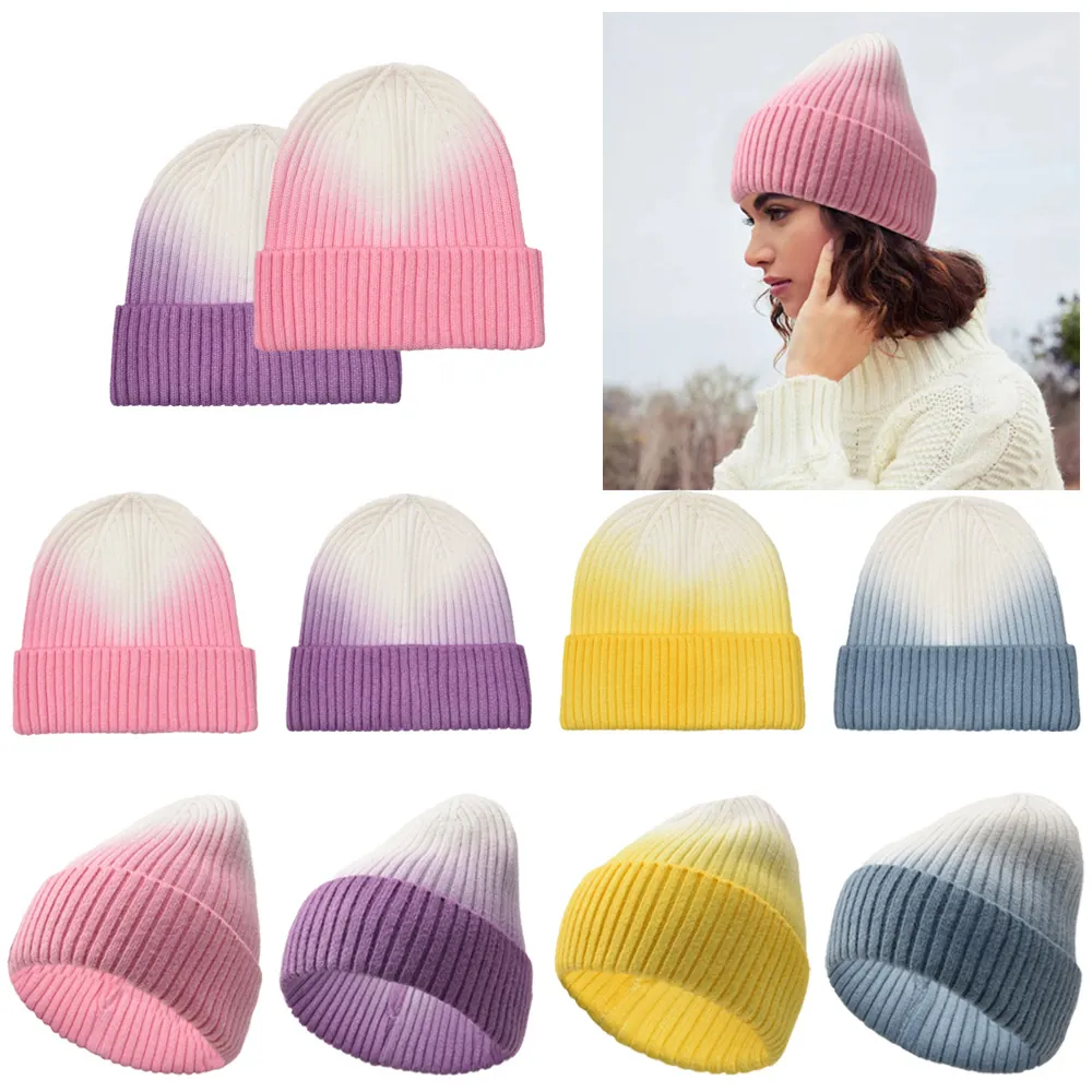 Gradient Knit Beanie Hat Acrylic Warm Cuffed Ribbed Rib Winter Cold Weather Outdoor Fashion For Women