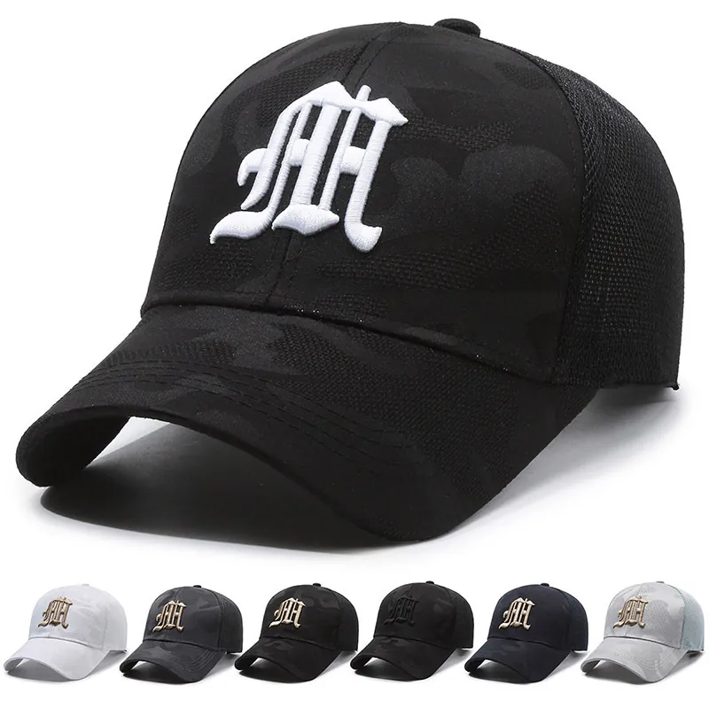 Unisex Baseball Cap Camouflage Mesh Trucker Hat Gothic Letter Embroidery Breathable Sunshade Adjustable Cotton Polyester